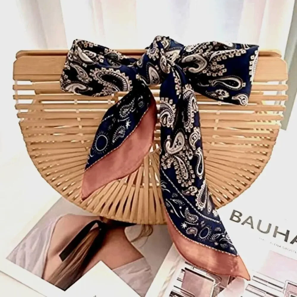 Women's Fashion Satin Blue Mulberry Printing Silky Scarf